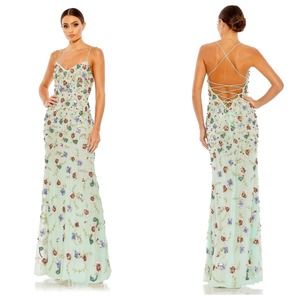 Mac Duggal Embellished Spaghetti Strap Lace Up Gown Aqua Multi Size 4 NWT
